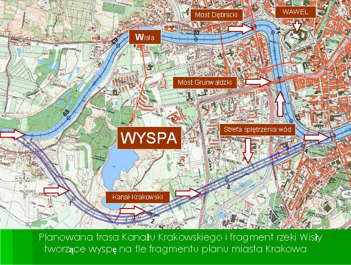 Planowana trasa Kanału Krakowskiego i fragment rzeki Wisły tworzące wyspę na tle fragmentu planu miasta Krakowa